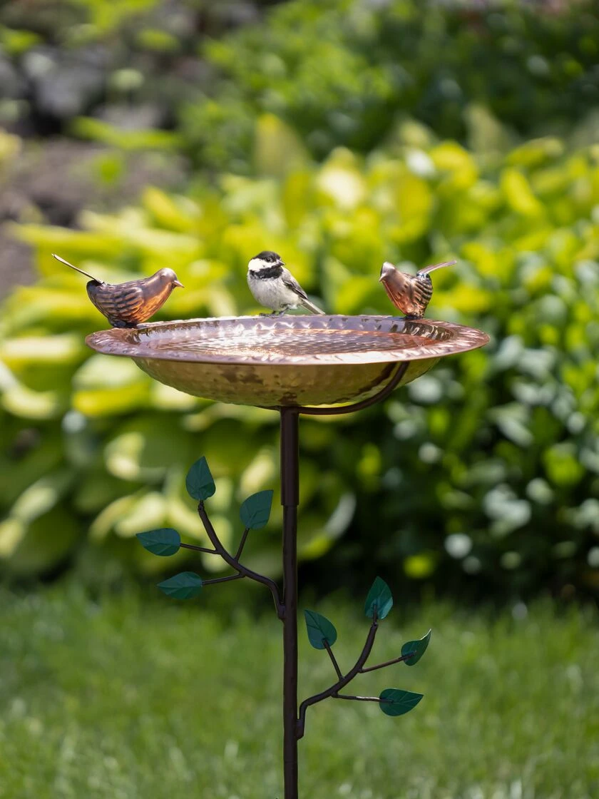 Pure Copper Bird Bath With Two Copper Birds And Tree Multipronged Garden Pole 1 Pure Copper Bird Bath With Two Copper Birds And Tree Multipronged Garden Pole