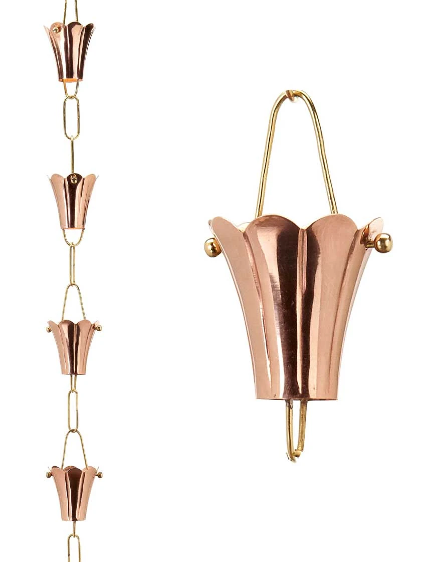 Fluted Flower Pure Copper Rain Chain, 8.5' 5 Fluted Flower Pure Copper Rain Chain, 8.5' - Image 5