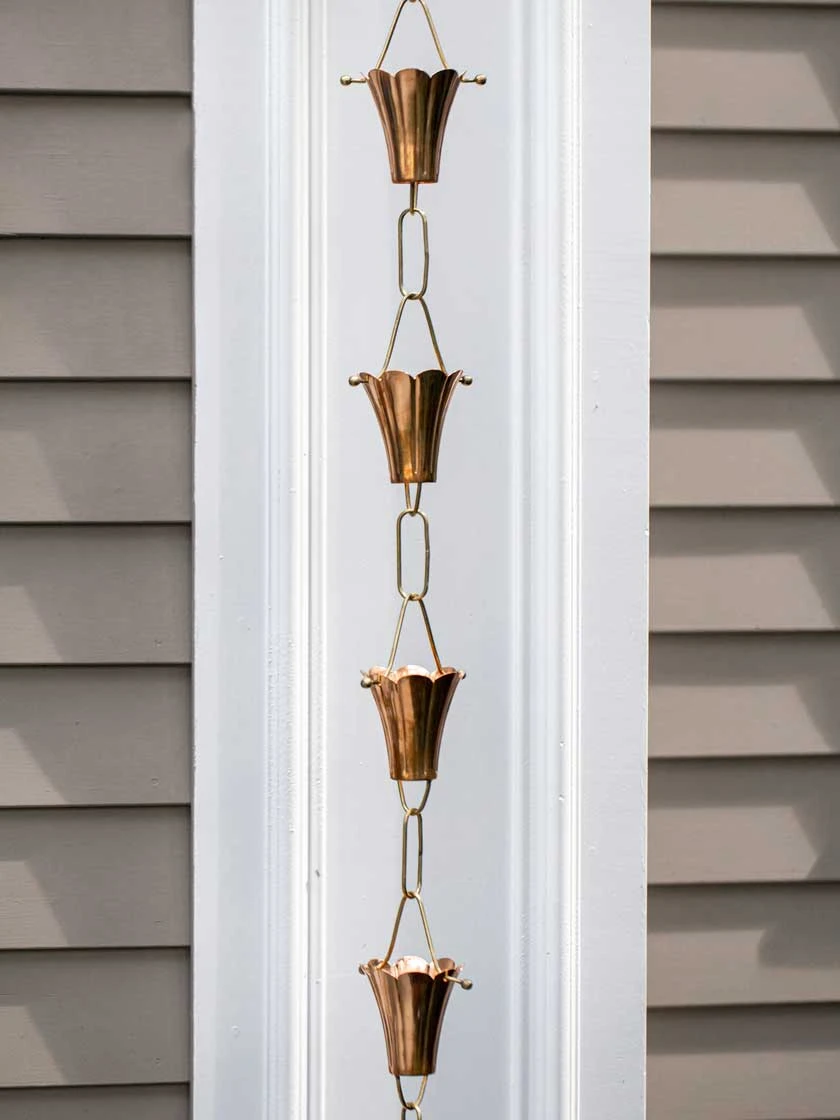 Fluted Flower Pure Copper Rain Chain, 8.5' 3 Fluted Flower Pure Copper Rain Chain, 8.5' - Image 3