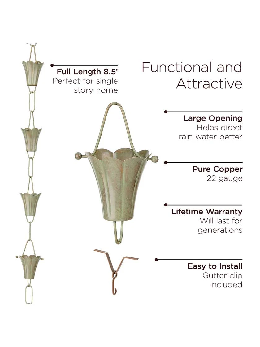 Fluted Flower Pure Copper Rain Chain, 8.5' 7 Fluted Flower Pure Copper Rain Chain, 8.5' - Image 7